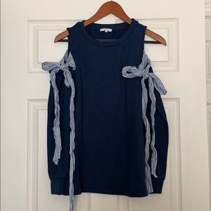 Pleione navy cold shoulder striped bow sweatshirt